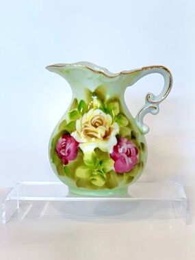 Vintage 1950 Norcrest Japan Hand Painted Cabbage Rose 5" Porcelain Pitcher